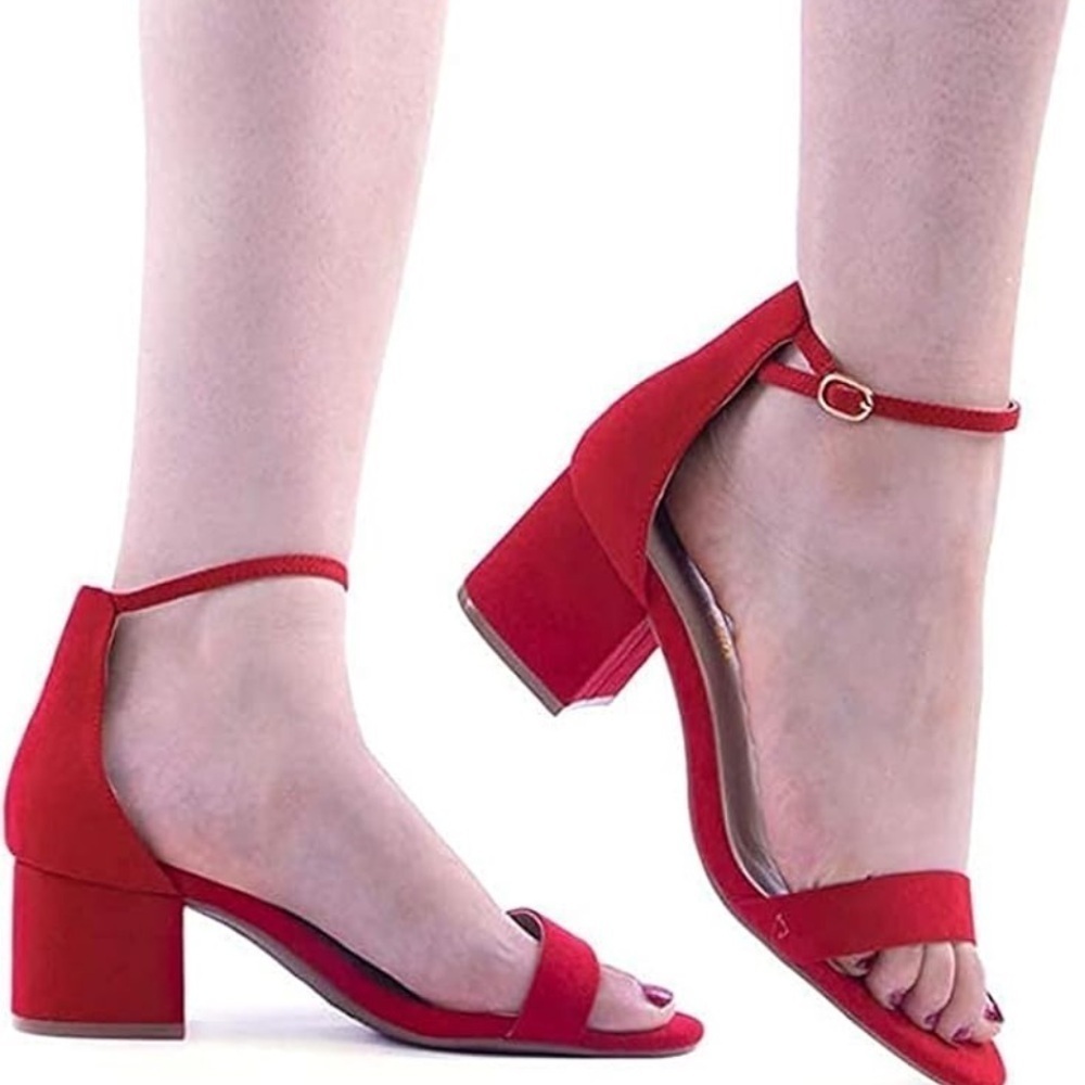Party Open Toe Ankle Strap Low Short Chunk Block Heel Red Suede Size 9 - Picture 2 of 8